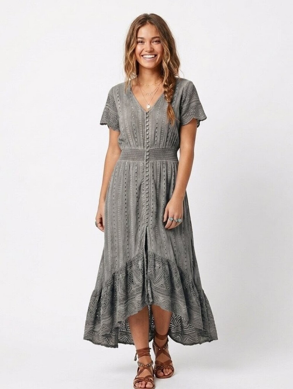 Young Fabulous & Broke Gray Eyelet Lace Maxi Dress - Large